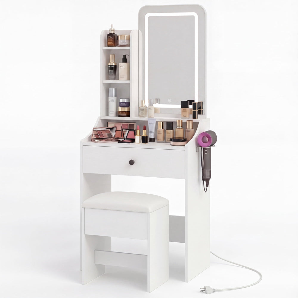 Sweetcrispy 24" Vanity Desk with Mirror, LED Makeup Vanity with 3 Light Modes & Power Outlet, Storage Drawers & Stool, Dressing Table for Bedroom