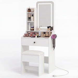 Sweetcrispy 24" Vanity Desk with Mirror, LED Makeup Vanity with 3 Light Modes & Power Outlet, Storage Drawers & Stool, Dressing Table for Bedroom