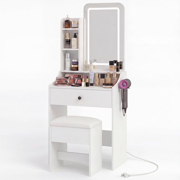 Sweetcrispy 24" Vanity Desk with Mirror, LED Makeup Vanity with 3 Light Modes & Power Outlet, Storage Drawers & Stool, Dressing Table for Bedroom