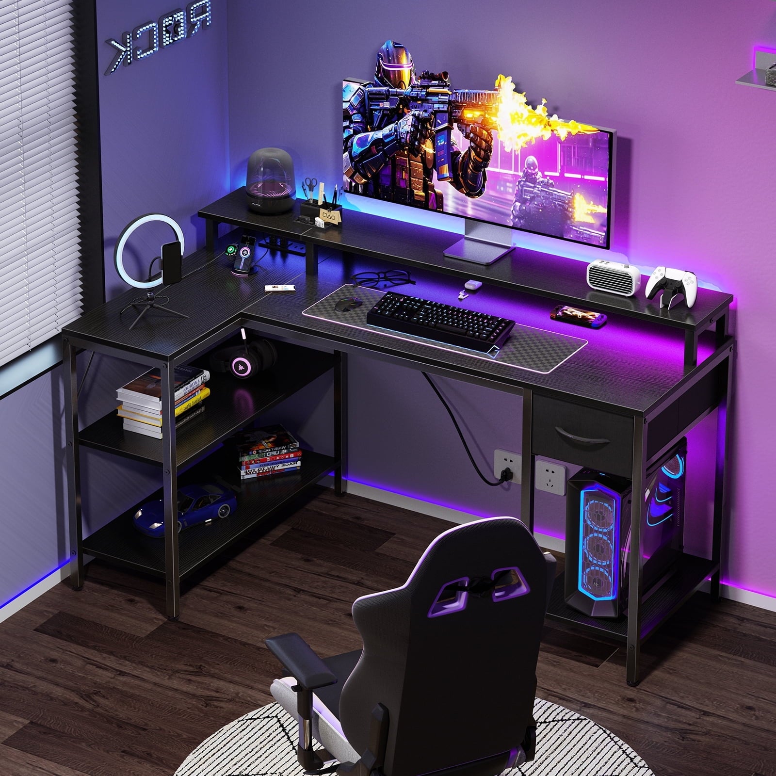 Sweetcrispy L Shaped Computer Gaming Desk with USB Charging Ports & LED Lights, Reversible Corner Table with Power Outlets Monitor Stand for Home Office