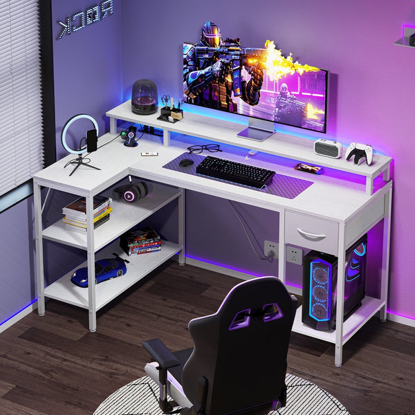 Sweetcrispy L Shaped Computer Gaming Desk with USB Charging Ports & LED Lights, Reversible Corner Table with Power Outlets Monitor Stand for Home Office