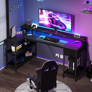 Sweetcrispy L Shaped Computer Gaming Desk with USB Charging Ports & LED Lights, Reversible Corner Table with Power Outlets Monitor Stand for Home Office