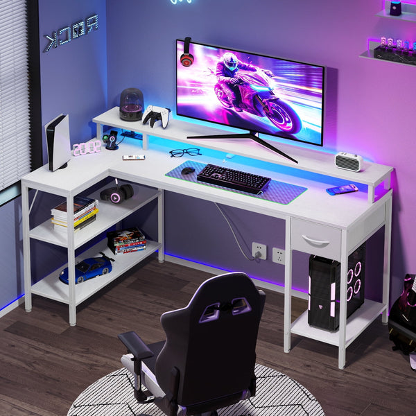 Sweetcrispy L Shaped Computer Gaming Desk with USB Charging Ports & LED Lights, Reversible Corner Table with Power Outlets Monitor Stand for Home Office