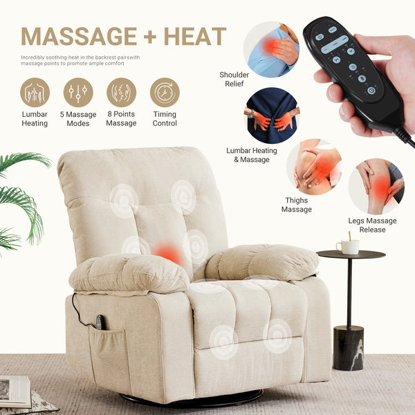 Sweetcrispy Swivel Rocker Recliner Chair with Massage and Heat for Living Room