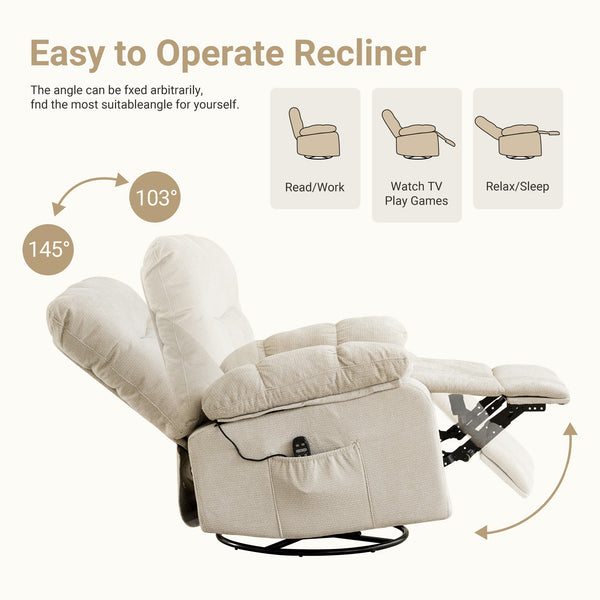 Sweetcrispy Swivel Rocker Recliner Chair with Massage and Heat for Living Room