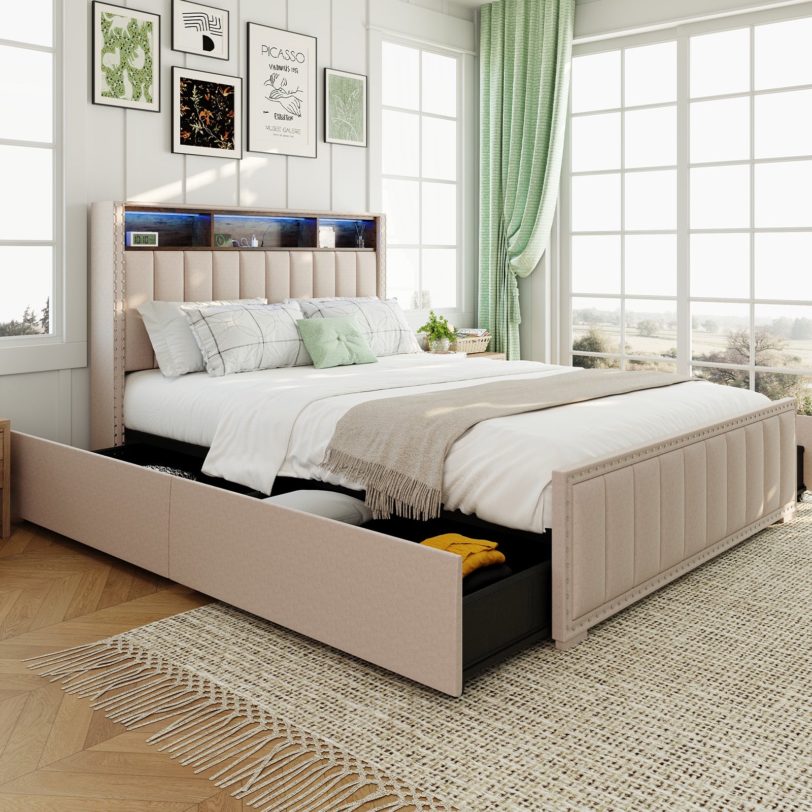 Sweetcrispy Upholstered Bed Frame with 4 Storage Drawers, Headboard, and Power Outlets