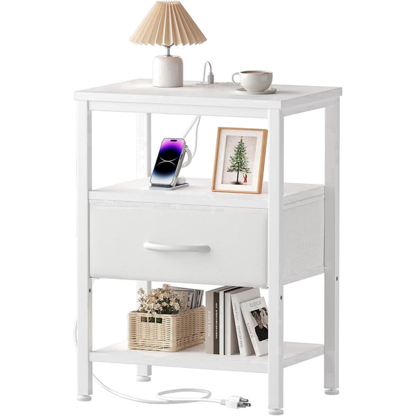 Sweetcrispy Adult 1-Drawer Nightstand with Charging Station, USB & Type-C Ports, Metal Frame