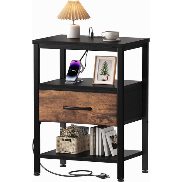 Sweetcrispy Adult 1-Drawer Nightstand with Charging Station, USB & Type-C Ports, Metal Frame