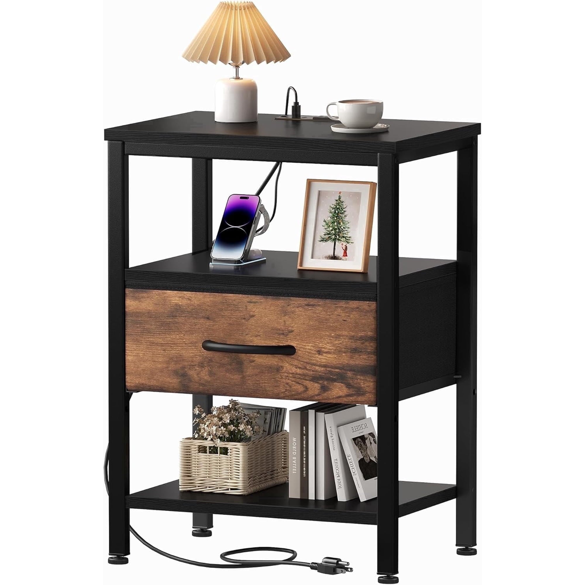 Sweetcrispy Adult 1-Drawer Nightstand with Charging Station, USB & Type-C Ports, Metal Frame