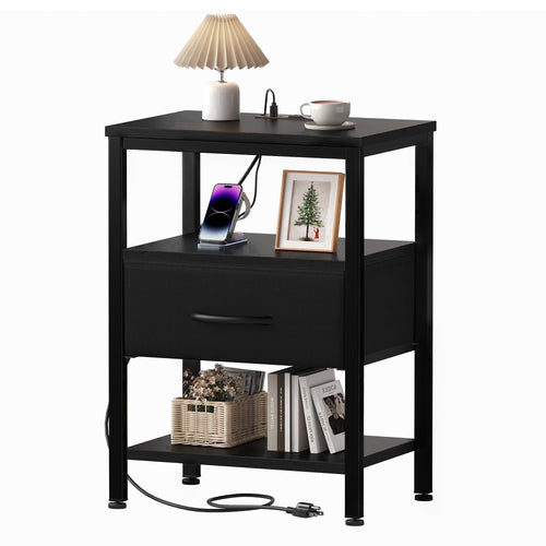 Sweetcrispy Adult 1-Drawer Nightstand with Charging Station, USB & Type-C Ports, Metal Frame