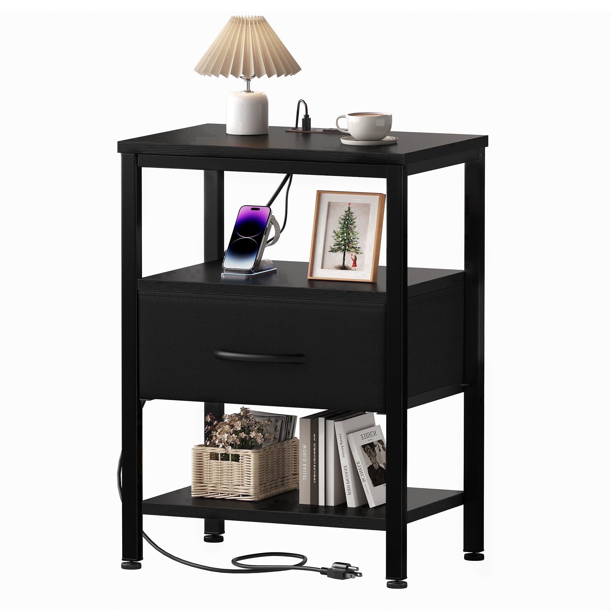 Sweetcrispy Adult 1-Drawer Nightstand with Charging Station, USB & Type-C Ports, Metal Frame