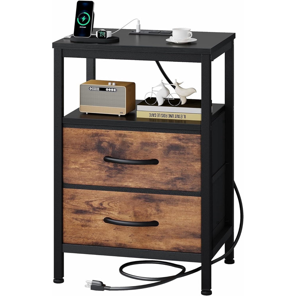 SWEETCRISPY 2-Drawer Nightstand with Charging Station, USB & Type-C Ports, Adjustable Fabric Drawers, Sturdy Metal Frame, Space-Saving Design for Bedroom & Living Room