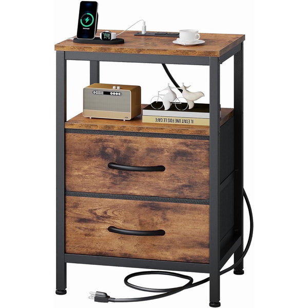 SWEETCRISPY 2-Drawer Nightstand with Charging Station, USB & Type-C Ports, Adjustable Fabric Drawers, Sturdy Metal Frame, Space-Saving Design for Bedroom & Living Room