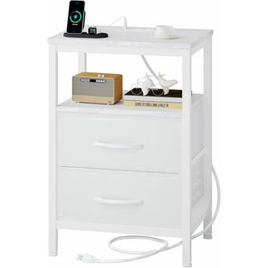 SWEETCRISPY 2-Drawer Nightstand with Charging Station, USB & Type-C Ports, Adjustable Fabric Drawers, Sturdy Metal Frame, Space-Saving Design for Bedroom & Living Room