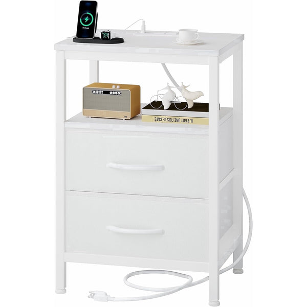 SWEETCRISPY 2-Drawer Nightstand with Charging Station, USB & Type-C Ports, Adjustable Fabric Drawers, Sturdy Metal Frame, Space-Saving Design for Bedroom & Living Room