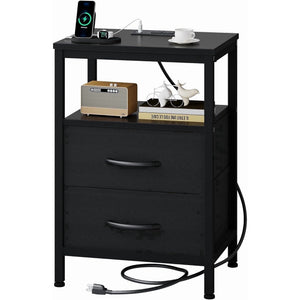 SWEETCRISPY 2-Drawer Nightstand with Charging Station, USB & Type-C Ports, Adjustable Fabric Drawers, Sturdy Metal Frame, Space-Saving Design for Bedroom & Living Room