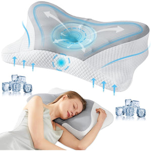 SWEETCRISPY Queen Size Cervical Neck Pillow, Memory Foam with Ice Silk Cover, Ergonomic Contour Design, Cooling & Breathable