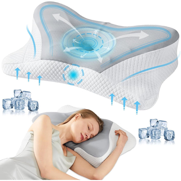 SWEETCRISPY Queen Size Cervical Neck Pillow, Memory Foam with Ice Silk Cover, Ergonomic Contour Design, Cooling & Breathable