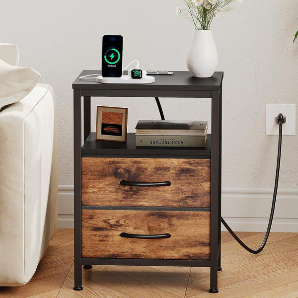SWEETCRISPY 2-Drawer Nightstand with Charging Station, USB & Type-C Ports, Adjustable Fabric Drawers, Sturdy Metal Frame, Space-Saving Design for Bedroom & Living Room