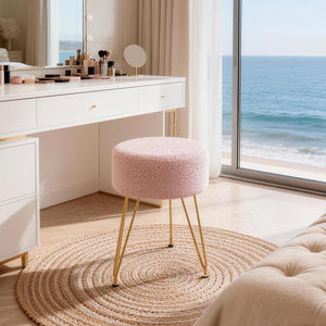 Sweetcrispy Ottoman Vanity Stool, Round Cushioned Seat with Gold Legs, Multi-Functional Footrest & Vanity Chair for Bedroom & Living Room