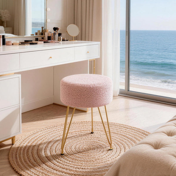 Sweetcrispy Ottoman Vanity Stool, Round Cushioned Seat with Gold Legs, Multi-Functional Footrest & Vanity Chair for Bedroom & Living Room