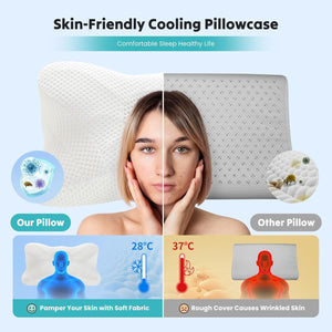 SWEETCRISPY Queen Size Cervical Neck Pillow, Memory Foam with Ice Silk Cover, Ergonomic Contour Design, Cooling & Breathable