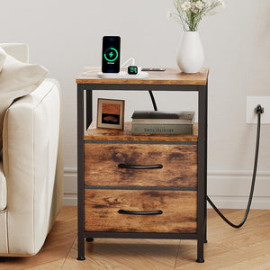 SWEETCRISPY 2-Drawer Nightstand with Charging Station, USB & Type-C Ports, Adjustable Fabric Drawers, Sturdy Metal Frame, Space-Saving Design for Bedroom & Living Room