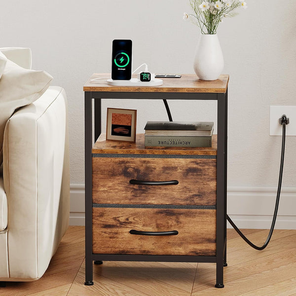 SWEETCRISPY 2-Drawer Nightstand with Charging Station, USB & Type-C Ports, Adjustable Fabric Drawers, Sturdy Metal Frame, Space-Saving Design for Bedroom & Living Room