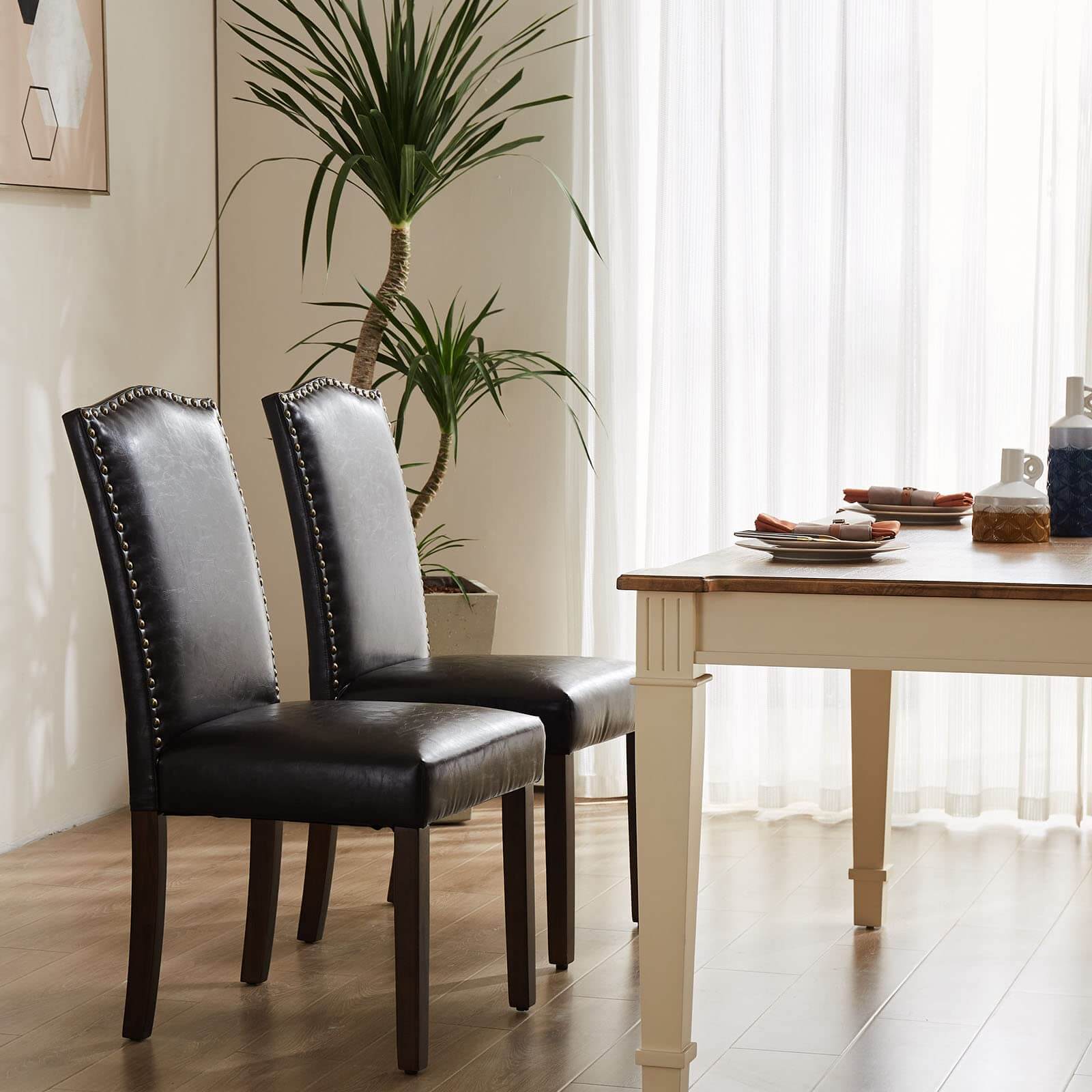 Sweetcrispy Wooden Dining Chair with Leather Cushion for Dining Room-2P