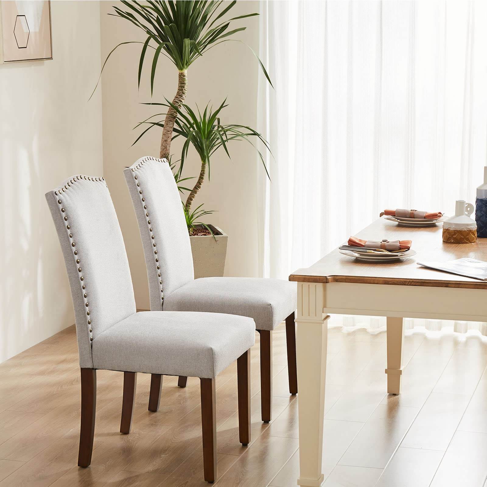 Sweetcrispy Wooden Dining Chair with Leather Cushion for Dining Room-2P