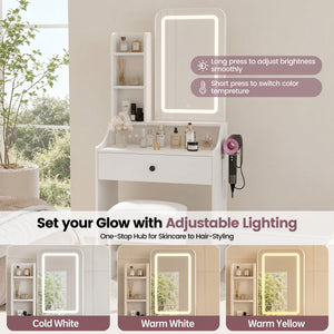 Sweetcrispy 24" Vanity Desk with Mirror, LED Makeup Vanity with 3 Light Modes & Power Outlet, Storage Drawers & Stool, Dressing Table for Bedroom