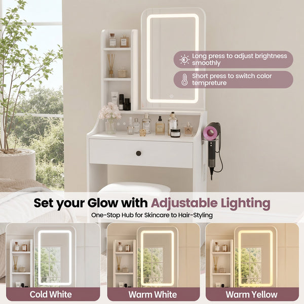 Sweetcrispy 24" Vanity Desk with Mirror, LED Makeup Vanity with 3 Light Modes & Power Outlet, Storage Drawers & Stool, Dressing Table for Bedroom