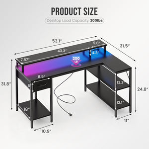 Sweetcrispy L Shaped Computer Gaming Desk with USB Charging Ports & LED Lights, Reversible Corner Table with Power Outlets Monitor Stand for Home Office