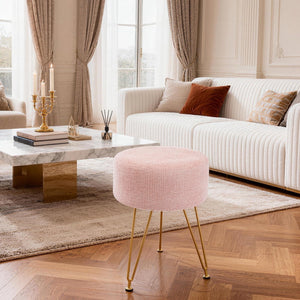 Sweetcrispy Ottoman Vanity Stool, Round Cushioned Seat with Gold Legs, Multi-Functional Footrest & Vanity Chair for Bedroom & Living Room
