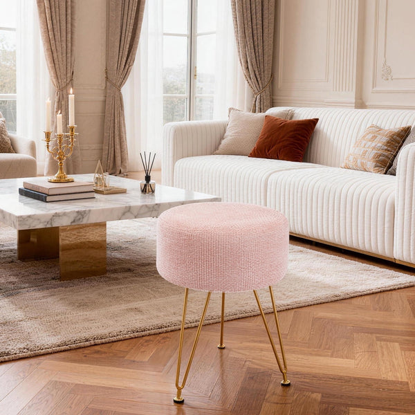 Sweetcrispy Ottoman Vanity Stool, Round Cushioned Seat with Gold Legs, Multi-Functional Footrest & Vanity Chair for Bedroom & Living Room