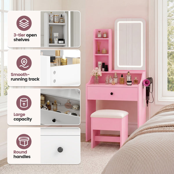 Sweetcrispy 24" Vanity Desk with Mirror, LED Makeup Vanity with 3 Light Modes & Power Outlet, Storage Drawers & Stool, Dressing Table for Bedroom