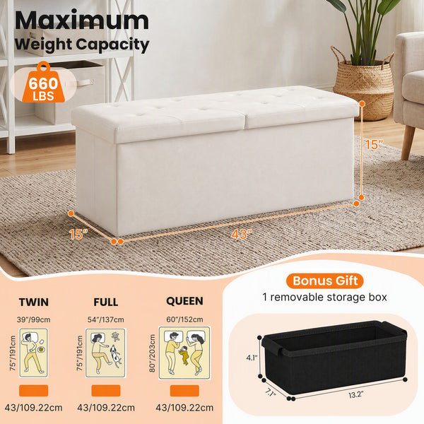Sweetcrispy Storage Ottoman Bench with Dual Flip Lid, Faux Leather Entryway Bench for Living Room and Bedroom