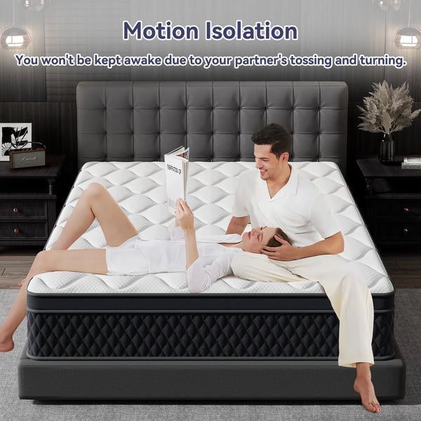 ZUNMOS Mattress, featuring a spring-foam hybrid design for effective pressure relief, CertiPUR-US certified for lasting support, boxed mattress, medium firmness.