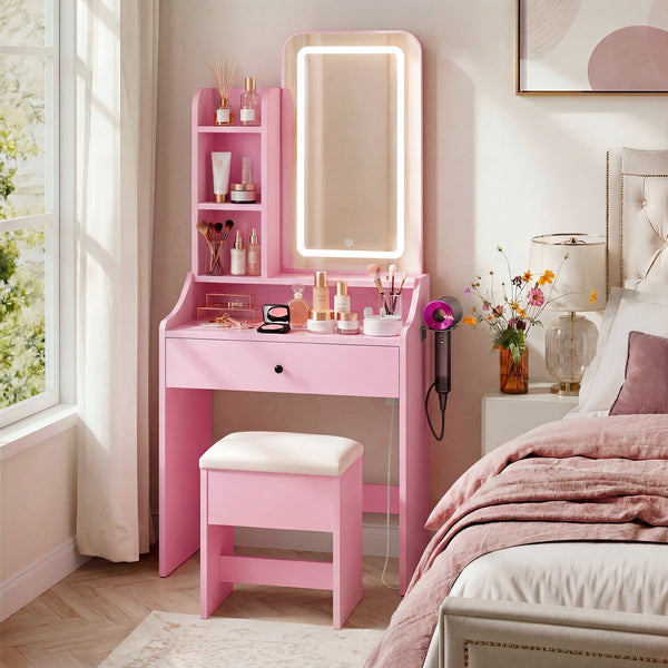 Sweetcrispy 24" Vanity Desk with Mirror, LED Makeup Vanity with 3 Light Modes & Power Outlet, Storage Drawers & Stool, Dressing Table for Bedroom