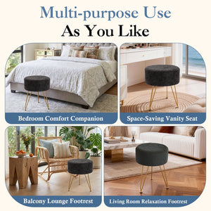Sweetcrispy Ottoman Vanity Stool, Round Cushioned Seat with Gold Legs, Multi-Functional Footrest & Vanity Chair for Bedroom & Living Room