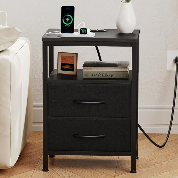 SWEETCRISPY 2-Drawer Nightstand with Charging Station, USB & Type-C Ports, Adjustable Fabric Drawers, Sturdy Metal Frame, Space-Saving Design for Bedroom & Living Room