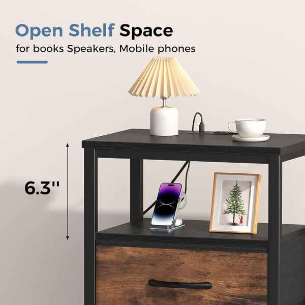 Sweetcrispy Adult 1-Drawer Nightstand with Charging Station, USB & Type-C Ports, Metal Frame