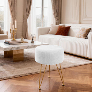 Sweetcrispy Ottoman Vanity Stool, Round Cushioned Seat with Gold Legs, Multi-Functional Footrest & Vanity Chair for Bedroom & Living Room