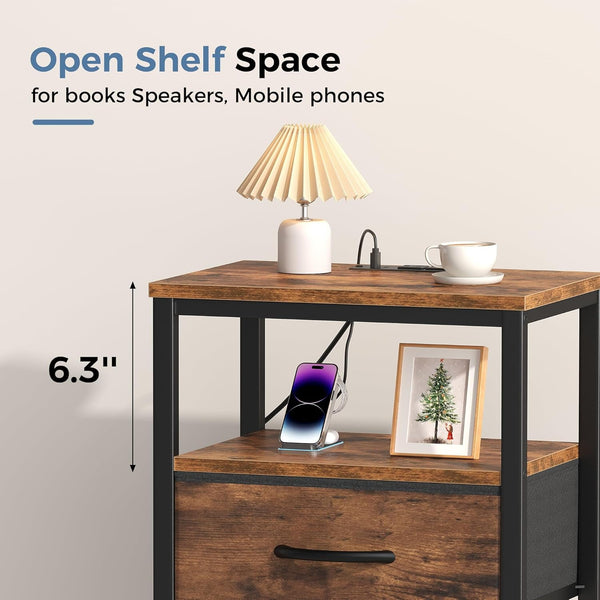 Sweetcrispy Adult 1-Drawer Nightstand with Charging Station, USB & Type-C Ports, Metal Frame