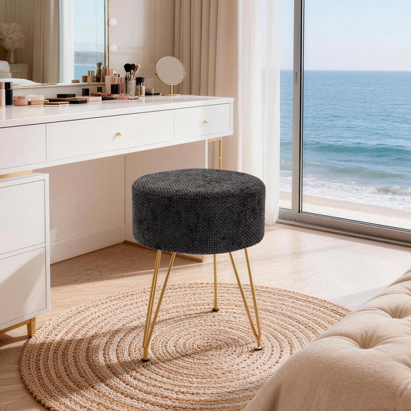Sweetcrispy Ottoman Vanity Stool, Round Cushioned Seat with Gold Legs, Multi-Functional Footrest & Vanity Chair for Bedroom & Living Room
