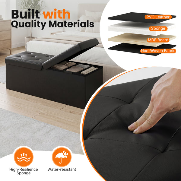 Sweetcrispy Storage Ottoman Bench with Dual Flip Lid, Faux Leather Entryway Bench for Living Room and Bedroom