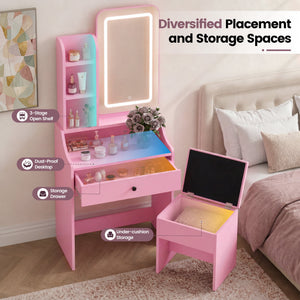 Sweetcrispy 24" Vanity Desk with Mirror, LED Makeup Vanity with 3 Light Modes & Power Outlet, Storage Drawers & Stool, Dressing Table for Bedroom