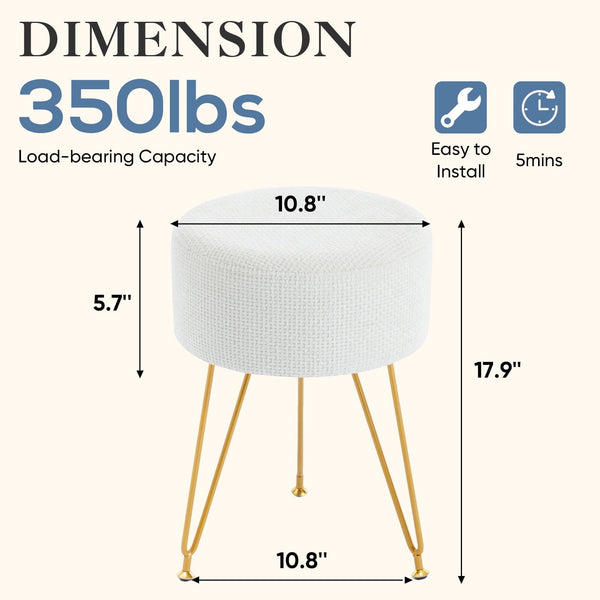 Sweetcrispy Ottoman Vanity Stool, Round Cushioned Seat with Gold Legs, Multi-Functional Footrest & Vanity Chair for Bedroom & Living Room