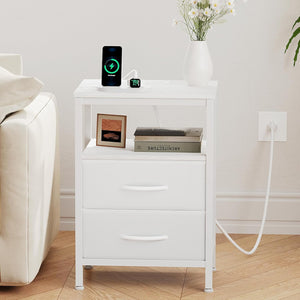 SWEETCRISPY 2-Drawer Nightstand with Charging Station, USB & Type-C Ports, Adjustable Fabric Drawers, Sturdy Metal Frame, Space-Saving Design for Bedroom & Living Room