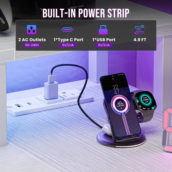 Sweetcrispy L Shaped Computer Gaming Desk with USB Charging Ports & LED Lights, Reversible Corner Table with Power Outlets Monitor Stand for Home Office